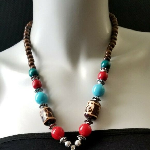 BOHO CHIC STATEMENT NECKLACE WOOD LUCITE EYE BEADS - Picture 3 of 5